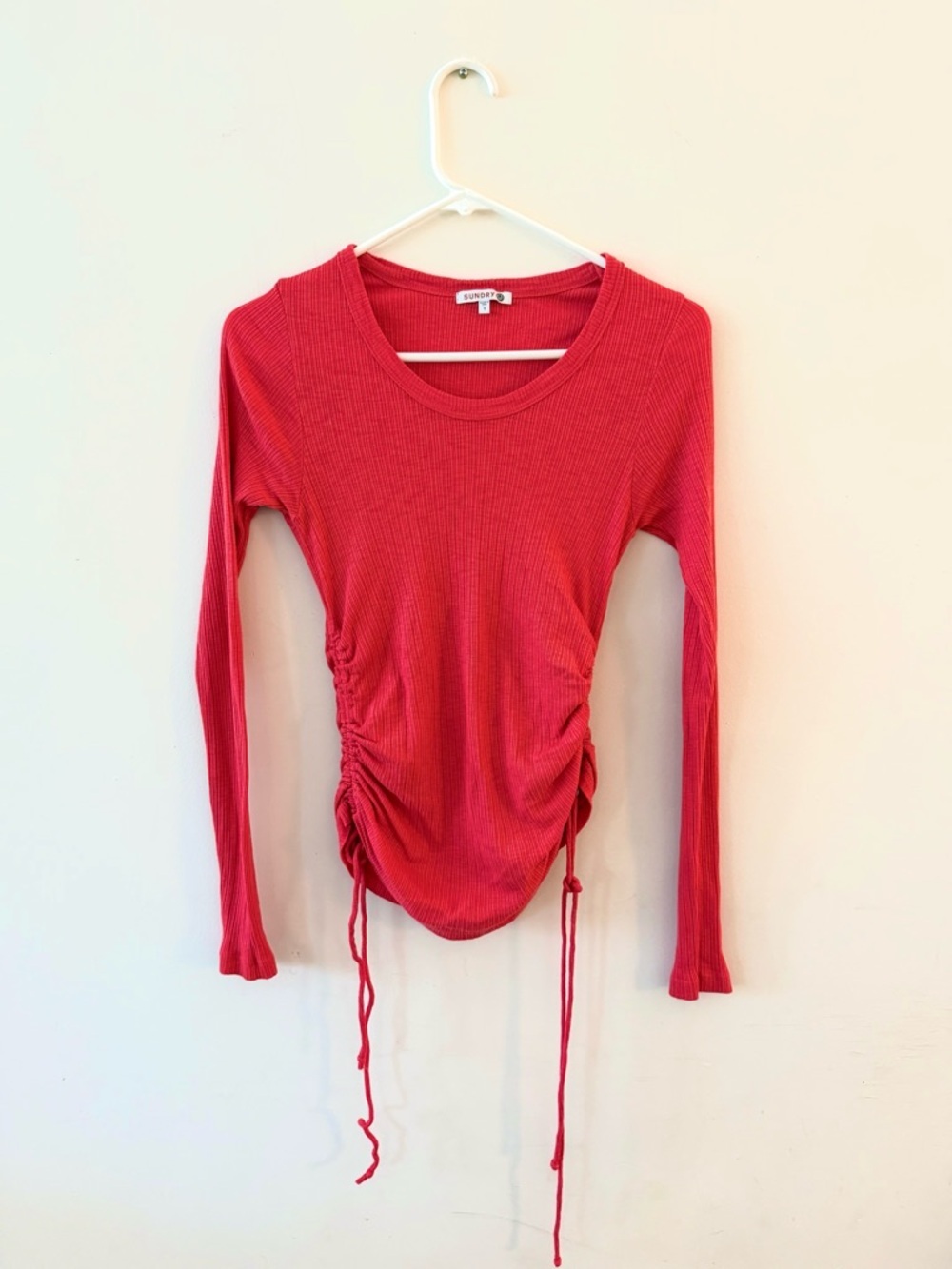 Sundry Red Pink Ruched Long-Sleeve Ribbed Top Cotton Modal Blend, 1 (small)